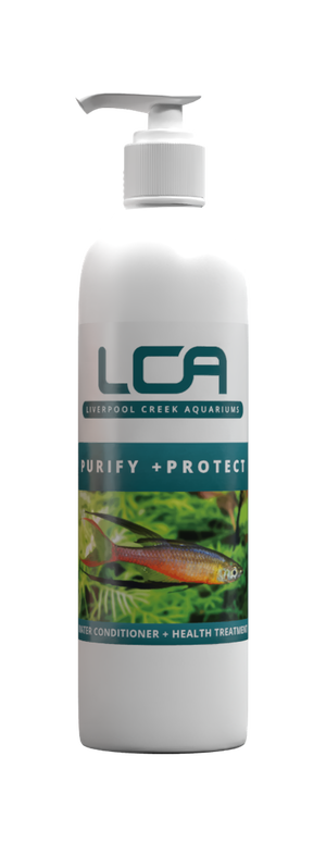 LCA bottle with pump for aquarium, featuring text 'Purify + Protect' and an image of fish and plants.