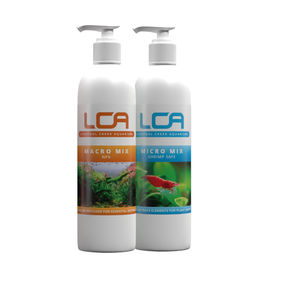 Two white plastic pump bottles of LCA aquarium supplement on a plain white background. The left bottle is labeled 'LCA Macro Mix NPK' with an orange and green label, and the right bottle is labeled 'LCA Micro Mix' with a blue and green label.