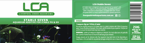 Label for LCA Stable Seven aquarium additive with an image of fish and plants.