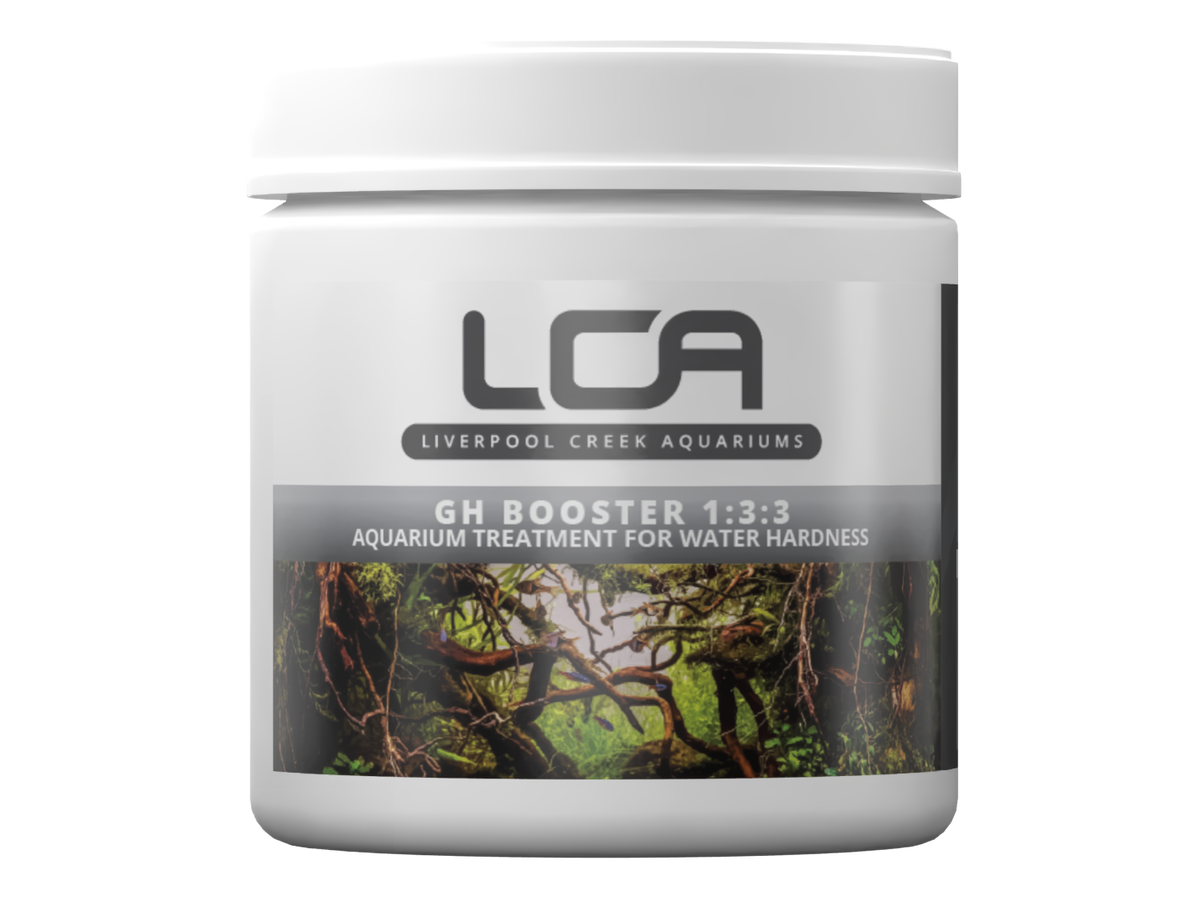 Jar of LCA GH Booster aquarium treatment with a scenic label