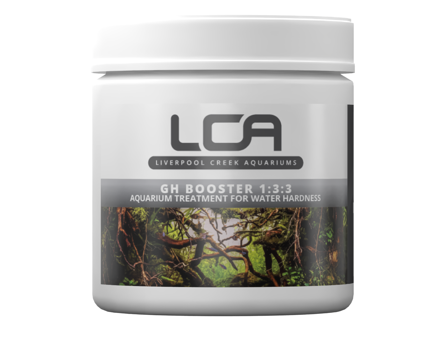 Jar of LCA GH Booster aquarium treatment with a scenic label