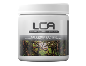 Jar of LCA GH Booster aquarium treatment with a scenic label