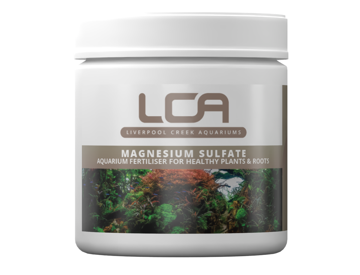 Container of Liverpool Creek Aquariums magnesium sulfate for aquarium plants on a white background