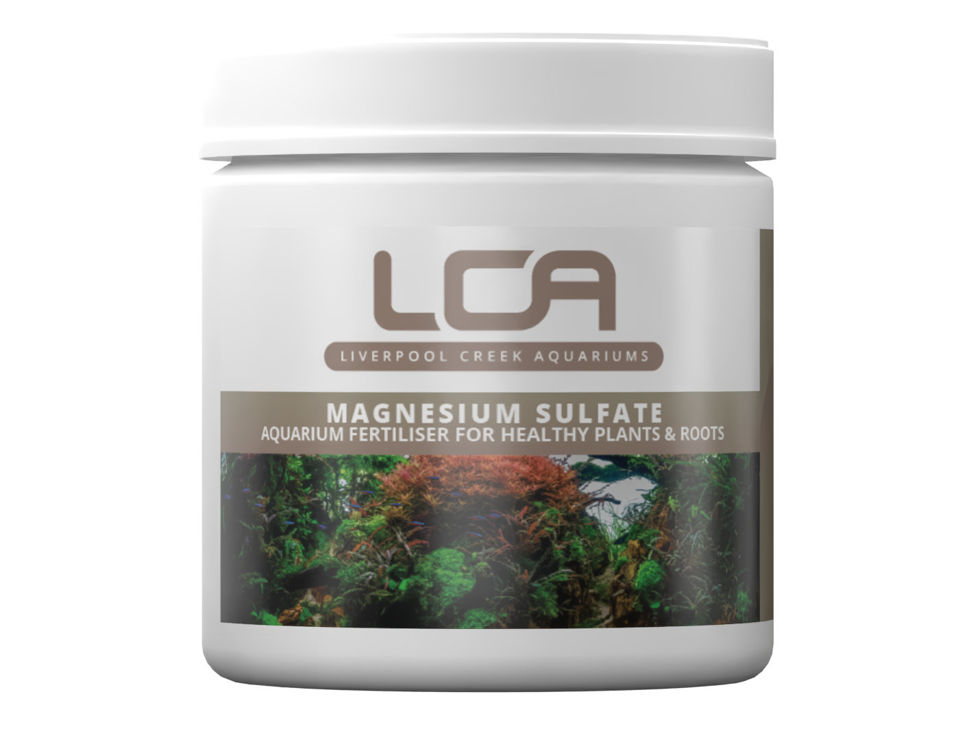 Container of Liverpool Creek Aquariums magnesium sulfate for aquarium plants on a white background