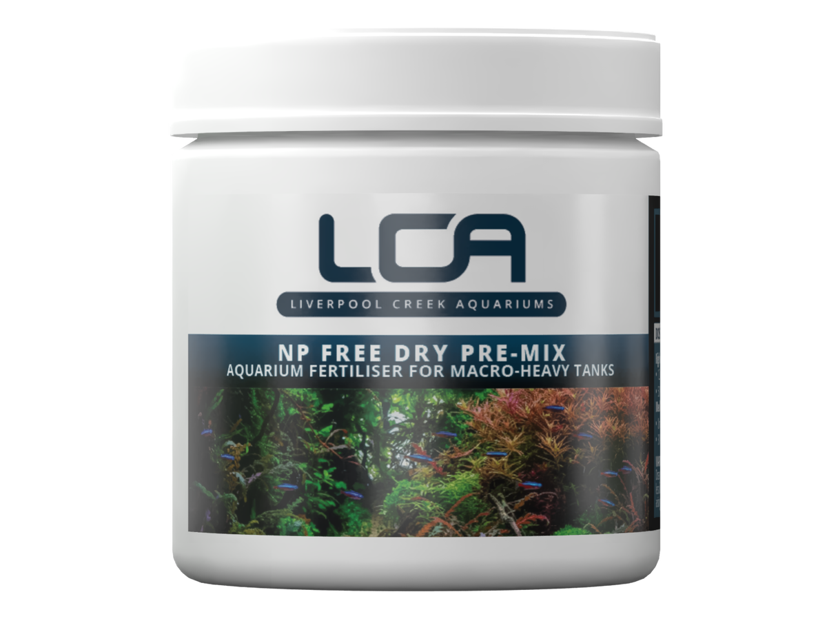 Jar of Liverpool Creek Aquariums NP Free Dry Pre-Mix aquarium fertiliser on a white background