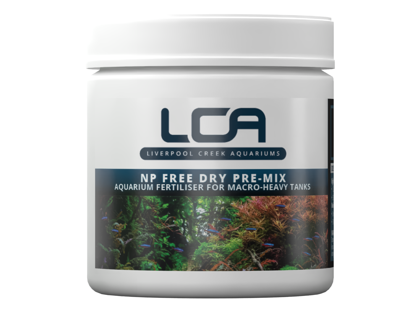 Jar of Liverpool Creek Aquariums NP Free Dry Pre-Mix aquarium fertiliser on a white background