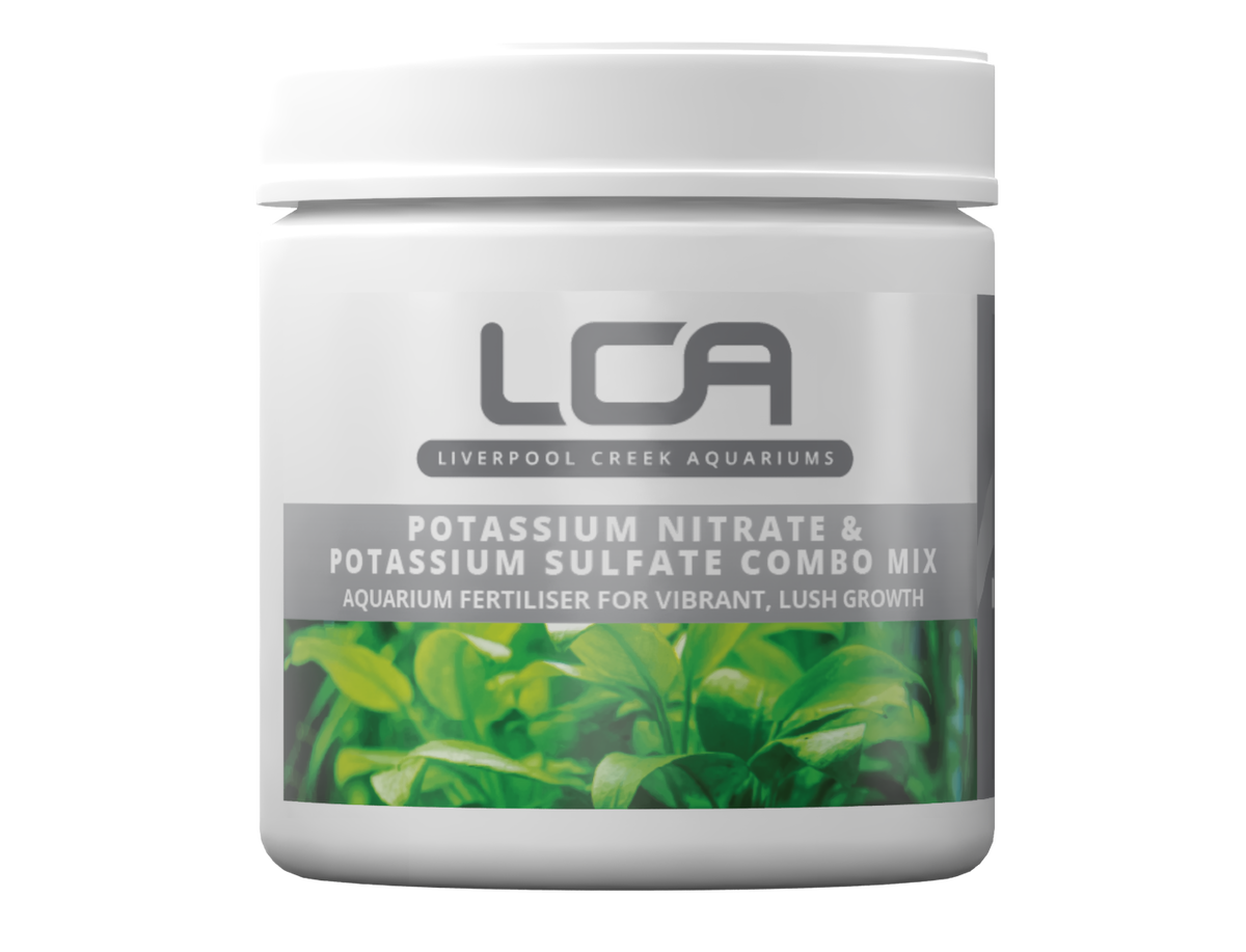 Jar of LCA Potassium Nitrate & Sulfate Combo Mix with green aquatic plant imagery on a white background
