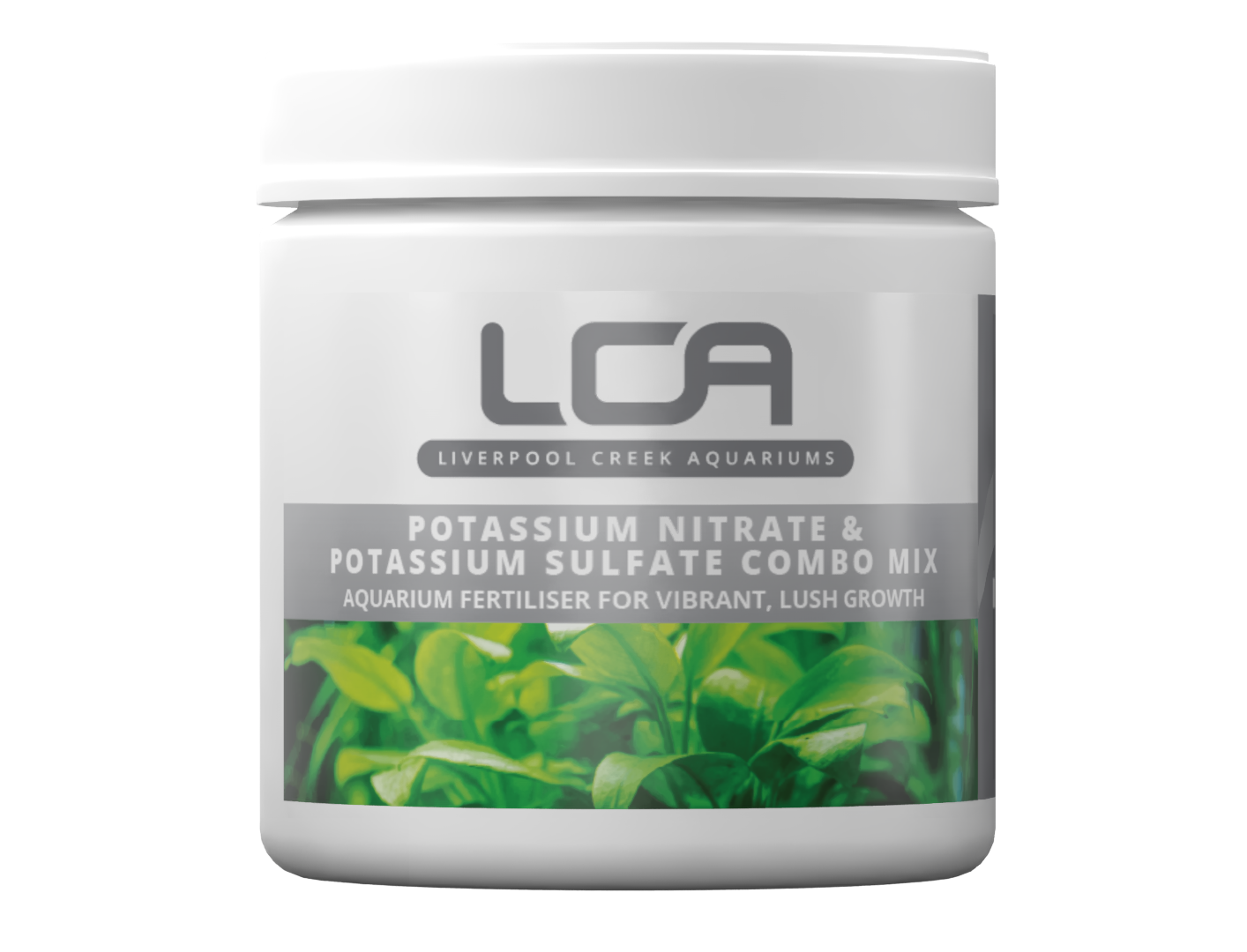 Jar of LCA Potassium Nitrate & Sulfate Combo Mix with green aquatic plant imagery on a white background