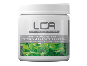 Jar of LCA Potassium Nitrate & Sulfate Combo Mix with green aquatic plant imagery on a white background