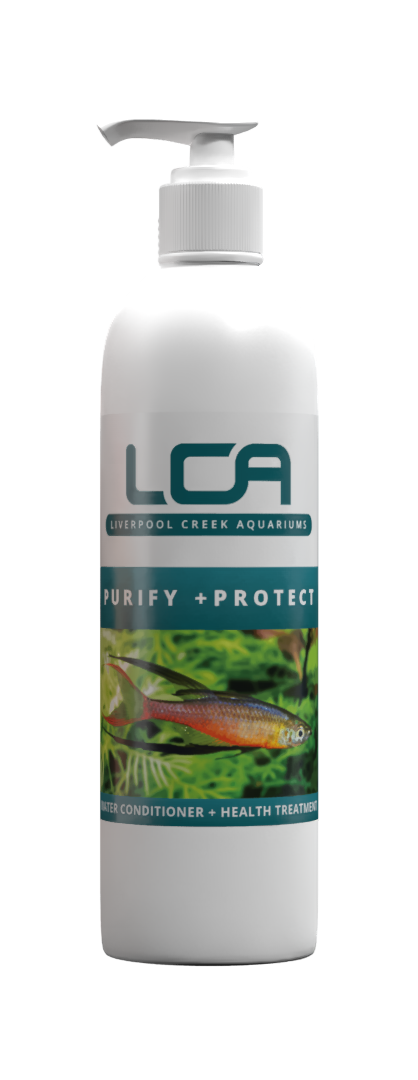 LCA bottle with pump for aquarium, featuring text 'Purify + Protect' and an image of fish and plants.