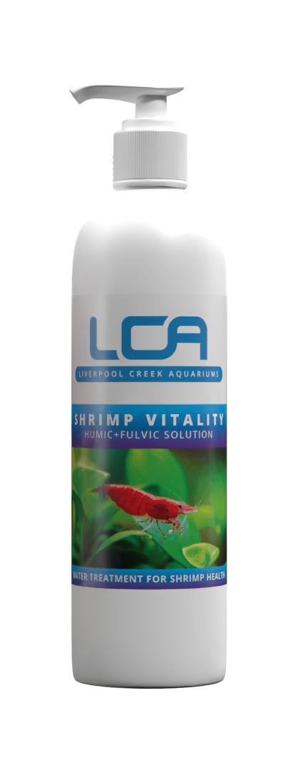 Bottle of LCA Shrimp Vitality with a fish and plant design on the label.