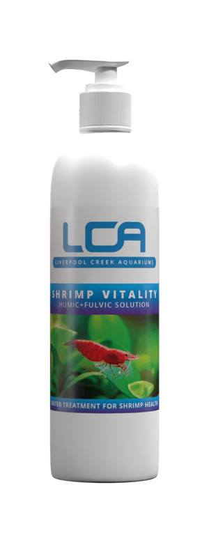 Bottle of LCA Shrimp Vitality with a fish and plant design on the label.
