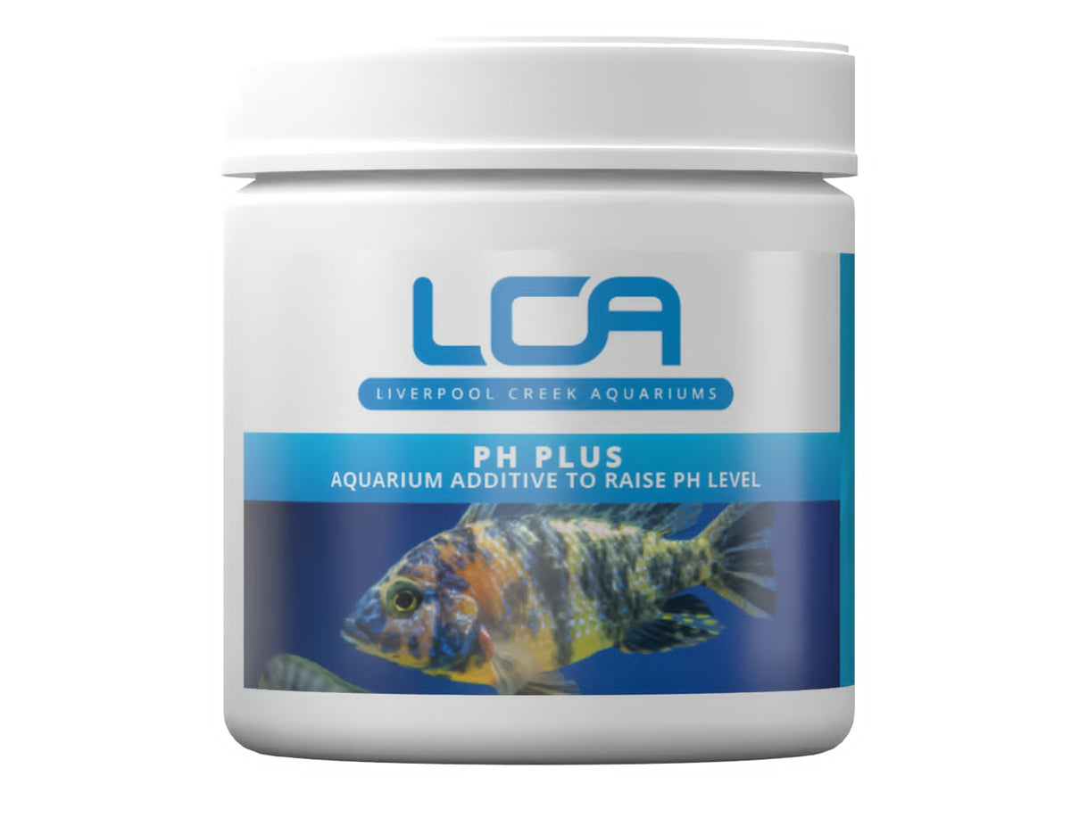 Jar of LCA pH Plus aquarium additive with a fish on the label against a white background