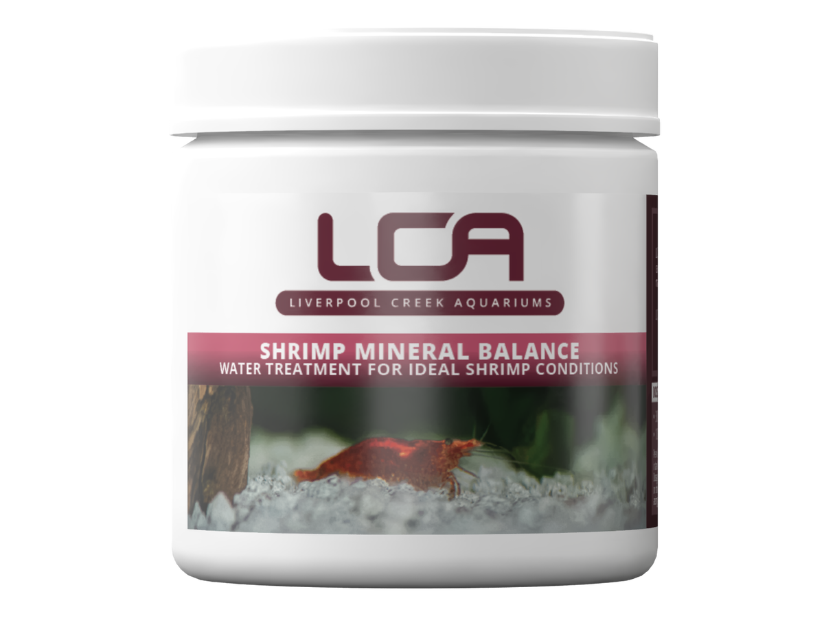 Jar of LCA Shrimp Mineral Balance water treatment for aquariums on a white background