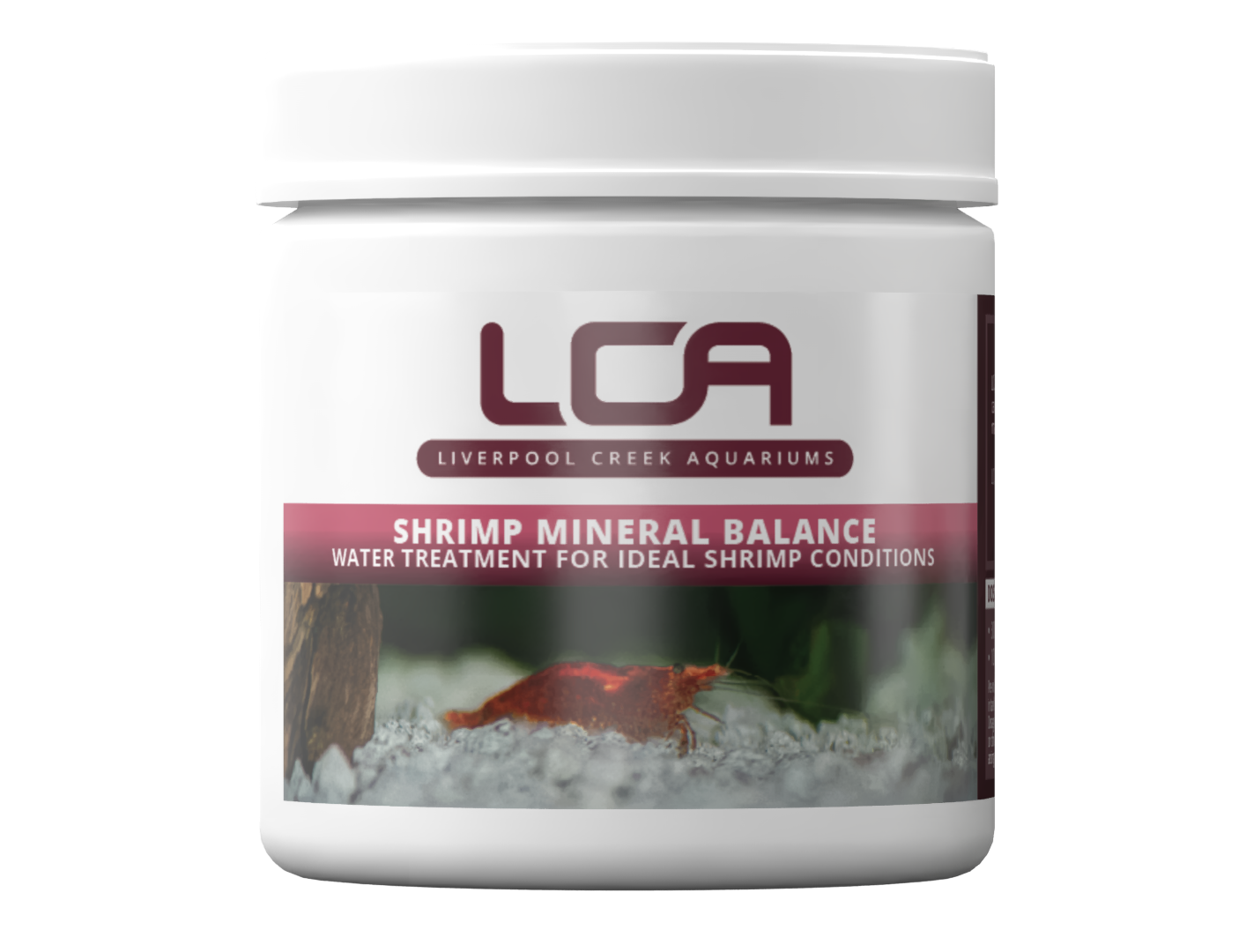Jar of LCA Shrimp Mineral Balance water treatment for aquariums on a white background