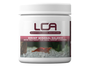 Jar of LCA Shrimp Mineral Balance water treatment for aquariums on a white background