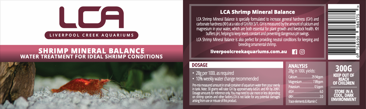 LCA Shrimp Mineral Balance packaging with shrimp and aquarium elements.