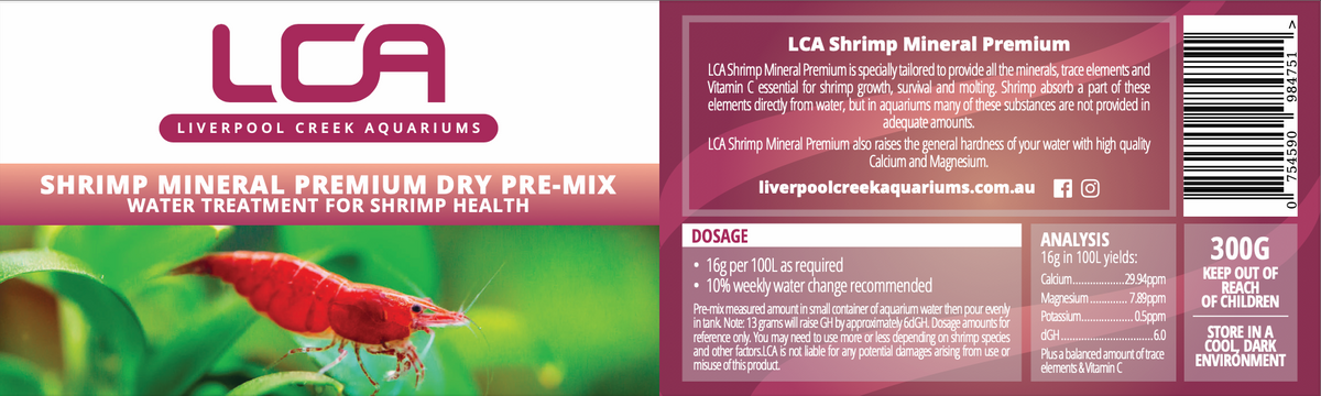 LCA Shrimp Mineral Premium packaging with shrimp illustration and text.