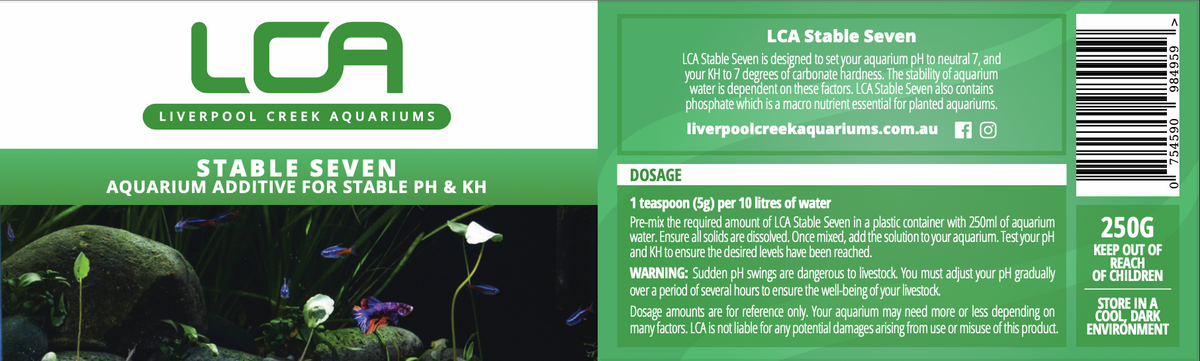 Label for LCA Stable Seven aquarium additive with an image of fish and plants.