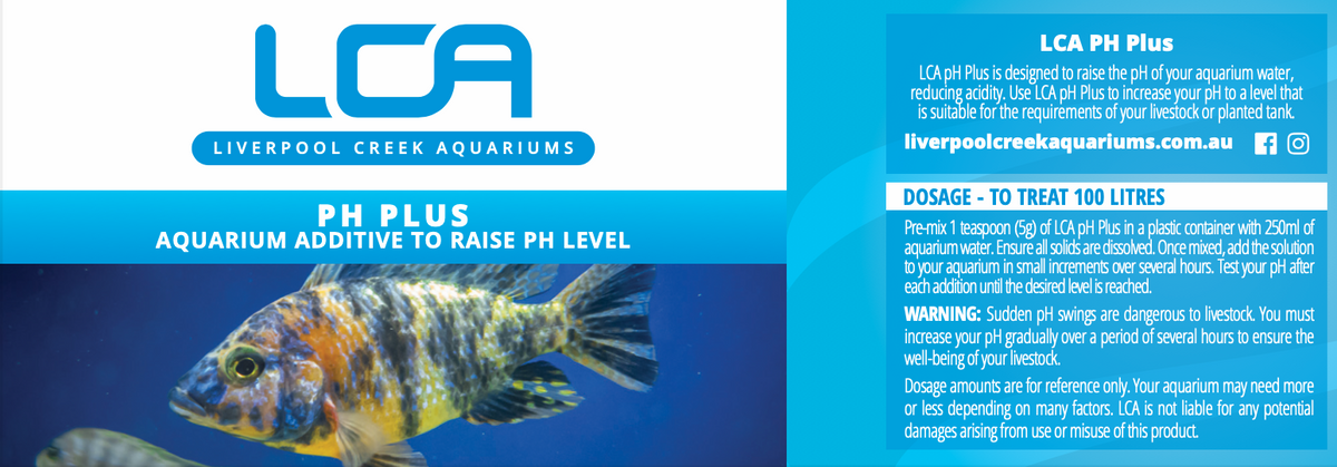 LCA PH Plus aquarium additive packaging with a fish illustration on a blue background
